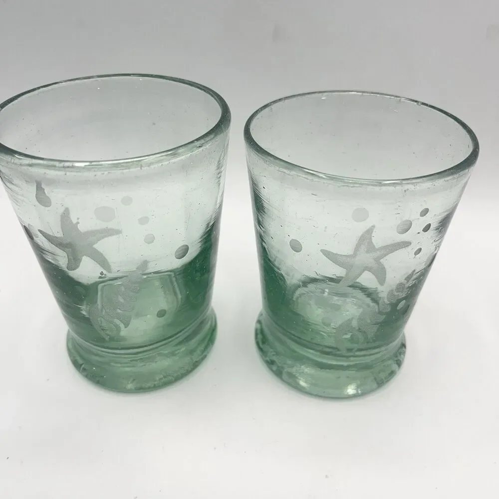 Set Of 4 Hand Blown Green Glass Etched Starfish Shell 8 oz 4” Heavyweight Bottom